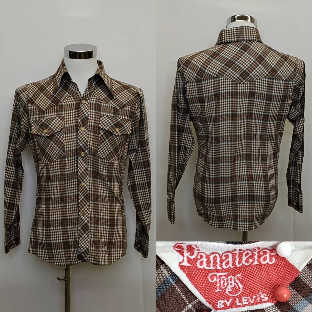 Levi's Panatella Button Up Shirt Men's M Brown/Blue Western VTG 70s Big E #J5198